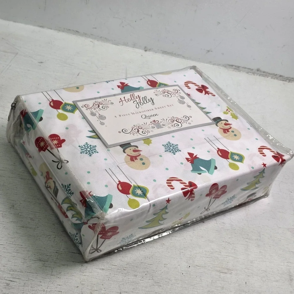 Holly Jolly Christmas Wonderland White Holiday Microfiber Queen 4Pc Sheet Set